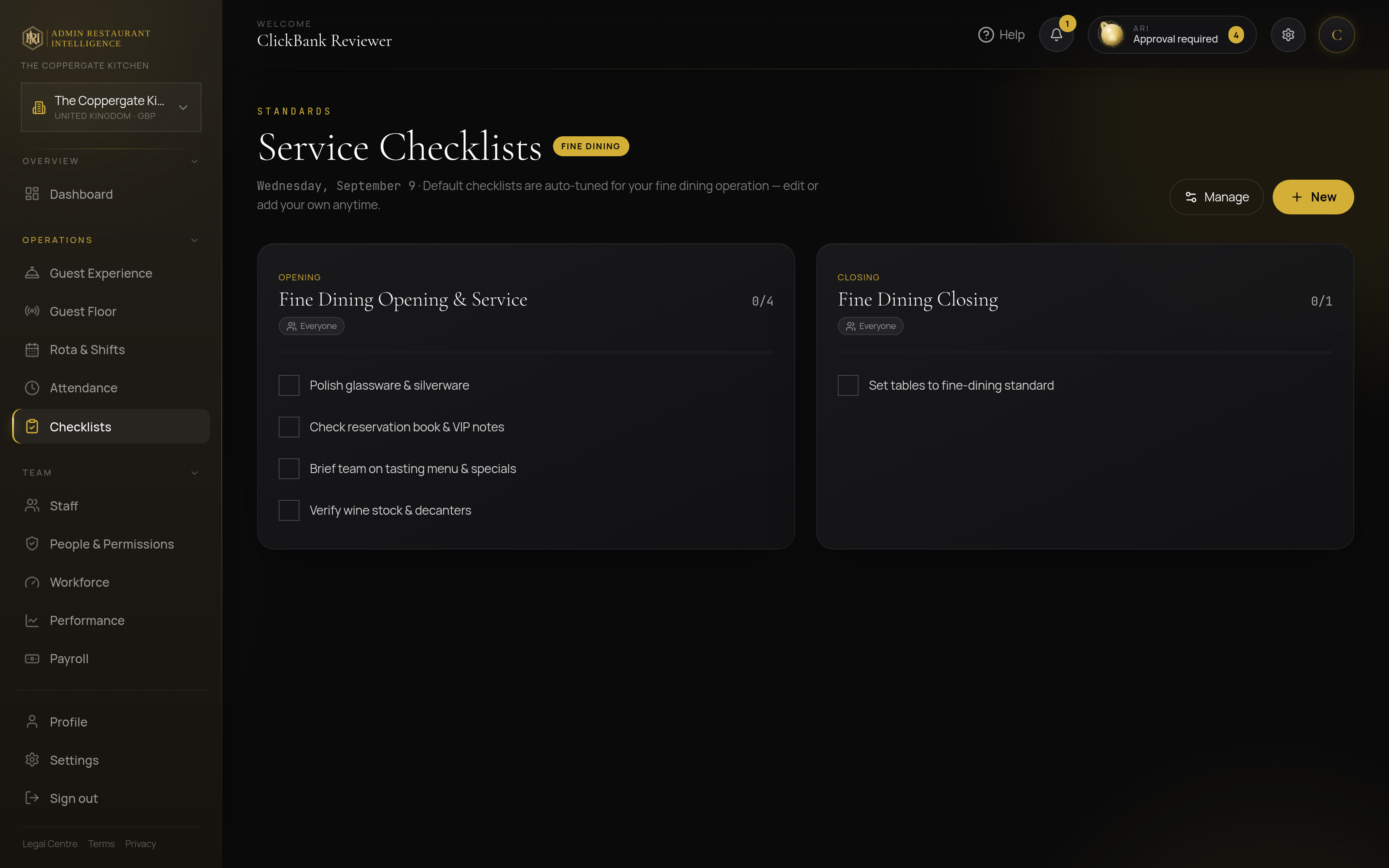 Checklists & Compliance — Admin Restaurant Intelligence