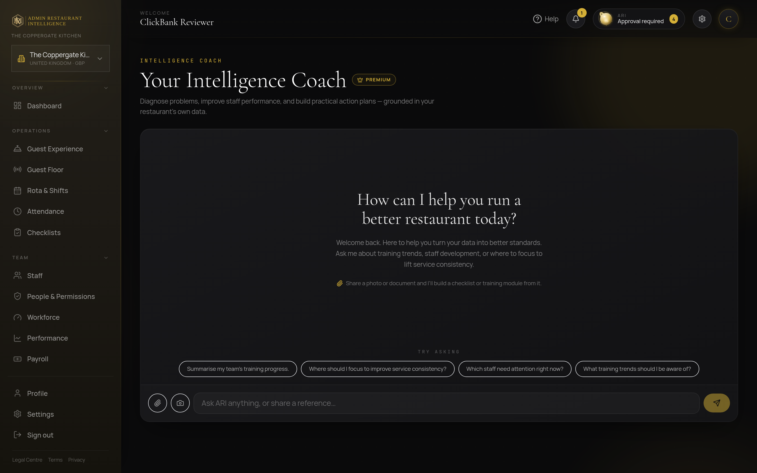 ARI Intelligence Coach — Admin Restaurant Intelligence